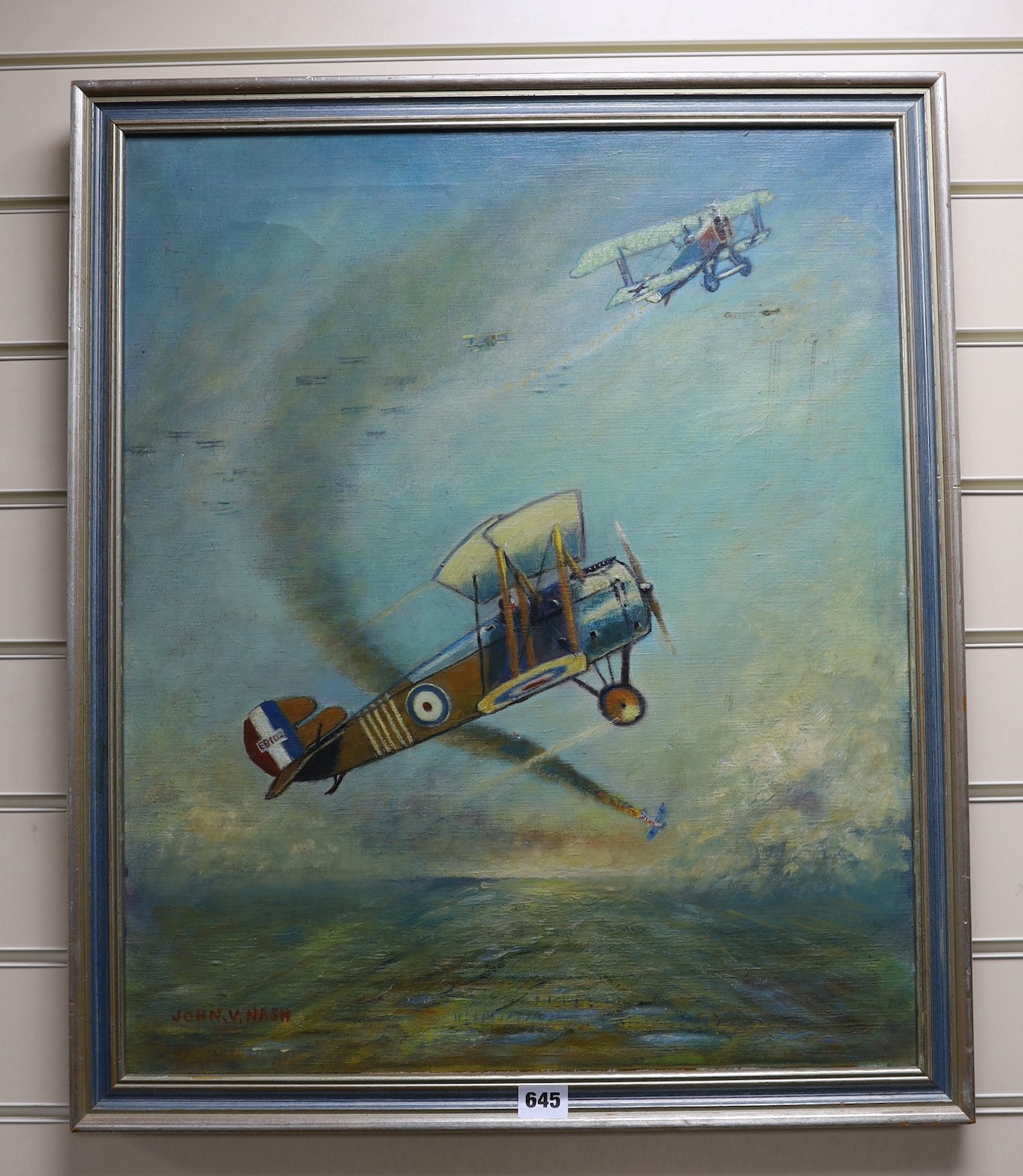 John V. Nash (20th C.), oil on canvas, 'Major W.G. Barker flying a Sopwith Snipe, 1918', signed, 60 x 50cm